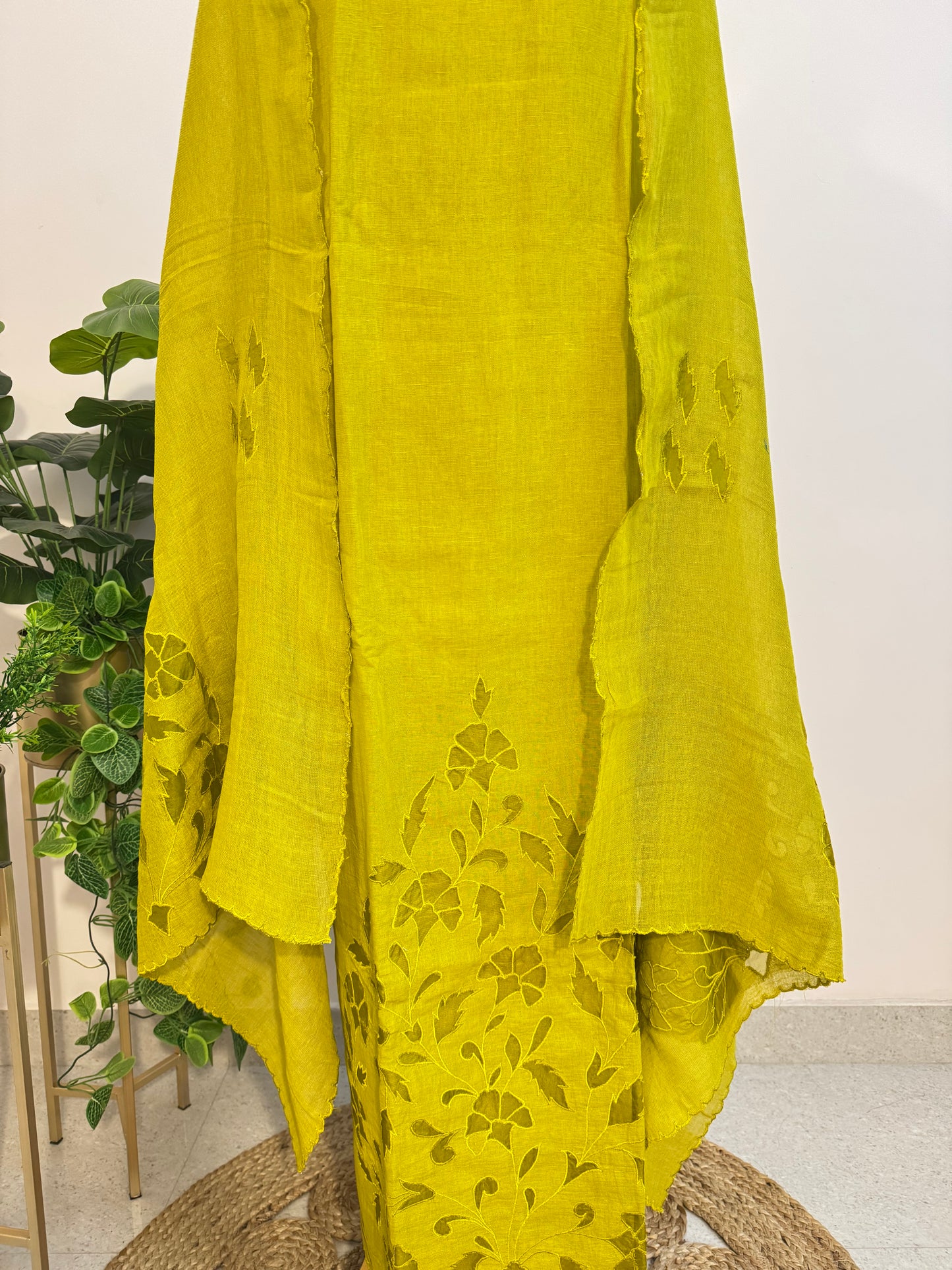 Pure Linen organza applique cut work suit