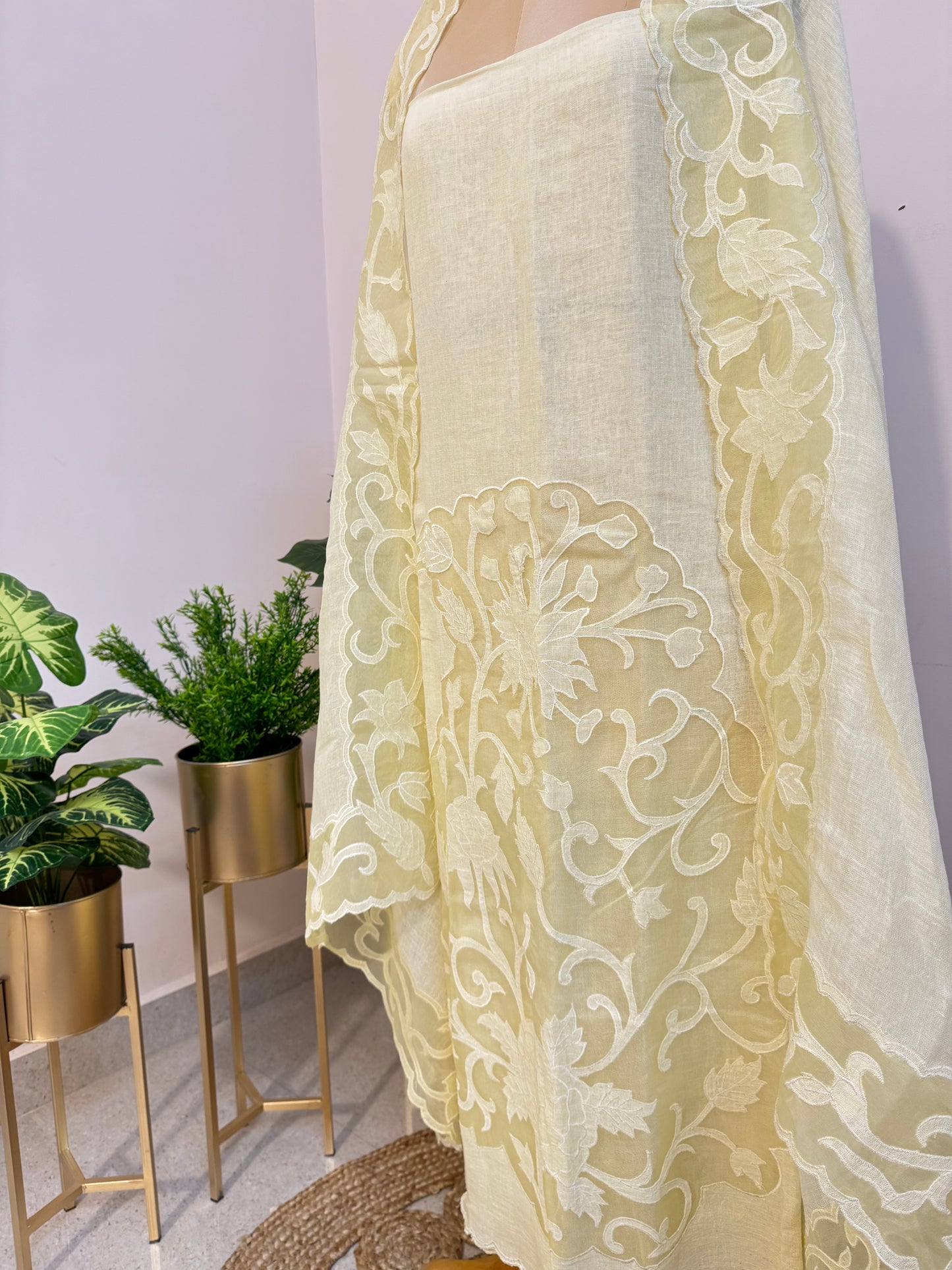 Pure Linen organza applique cut work suit