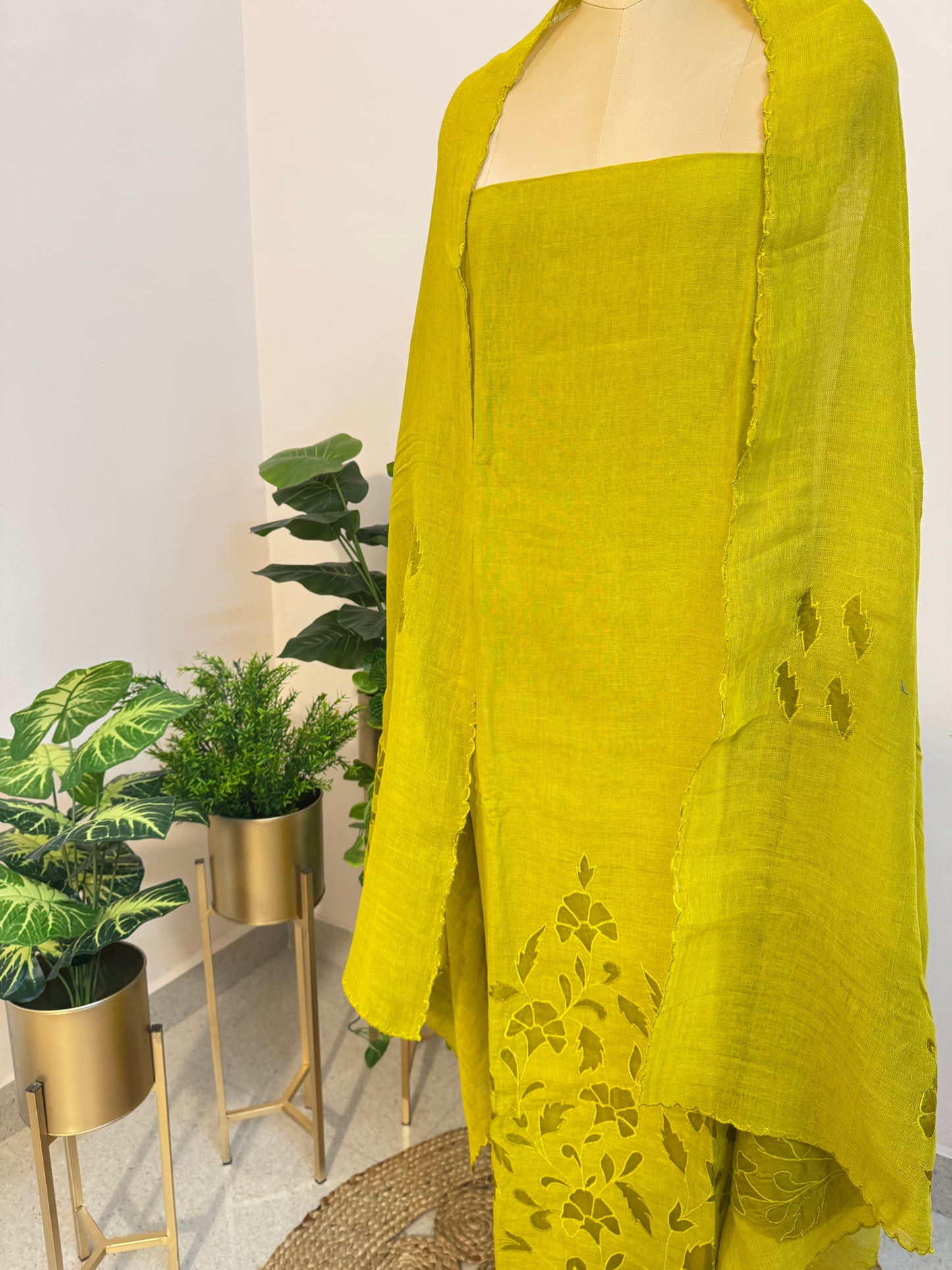Pure Linen organza applique cut work suit