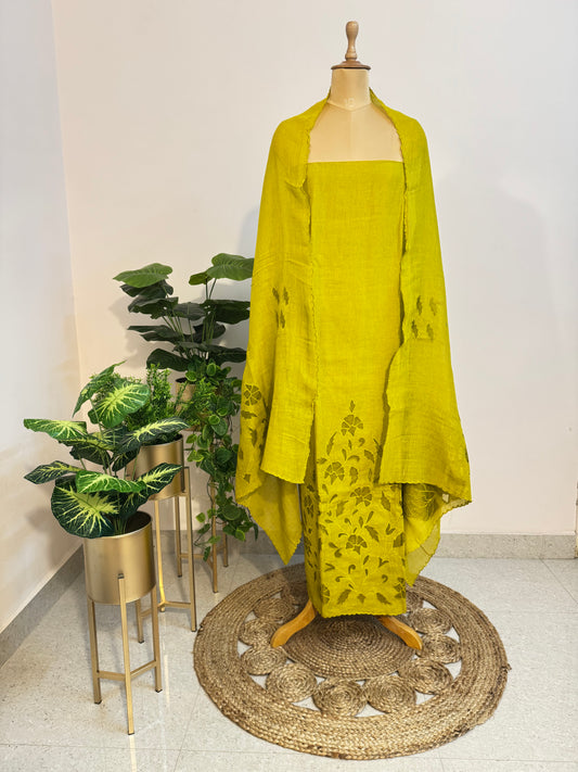 Pure Linen organza applique cut work suit